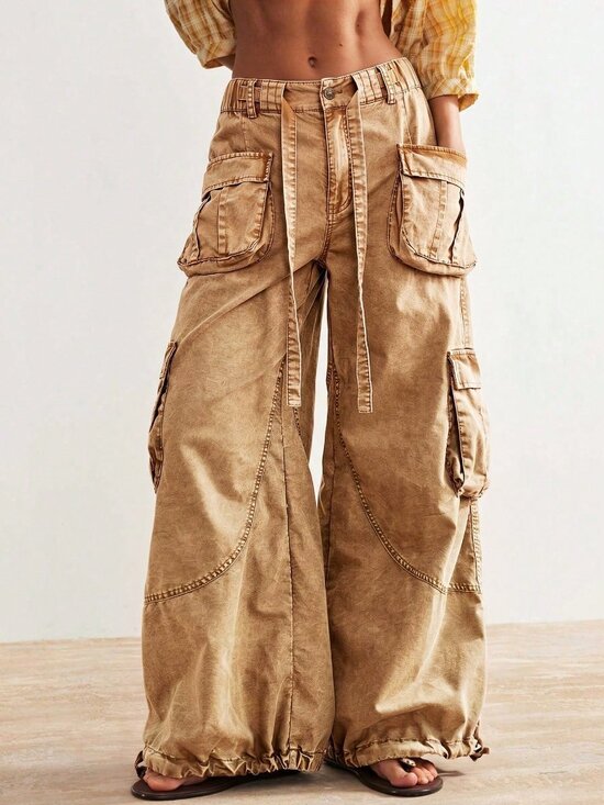 Pants - Brown Casual Women's Woven Loose Cuffed Low Waist Loose Long Pants